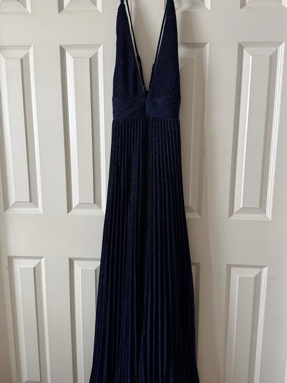 Lulu's Sparkly Navy Plunging V-Neck Pleated Maxi Dress